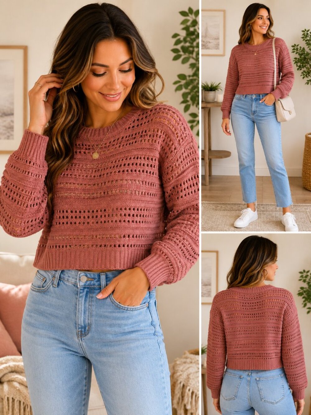 Francescas Womens M Brown Open Knit Cropped Sweater Long Sleeve Boho Pointelle